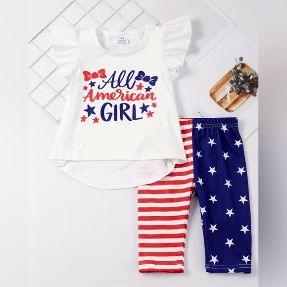 2pc Toddler Girl Independence Day Outfit with Ruffled Sleeves - Picture 1 of 5